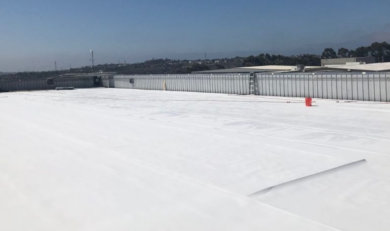commercial flat roof with white single-ply membrane roofing system